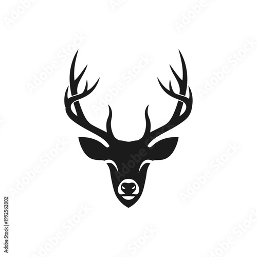 Black Silhouette of a Stag Head with Antlers on White Background
