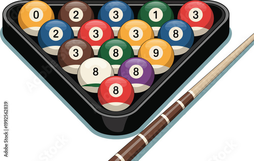Pool game illustration, colorful billiard balls in rack with cue stick on light background ready for snooker or billiards play.