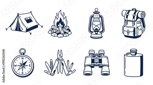 Collection of retro hand drawn line art camping and outdoor adventure gear icons for wilderness exploration concept and nature travel