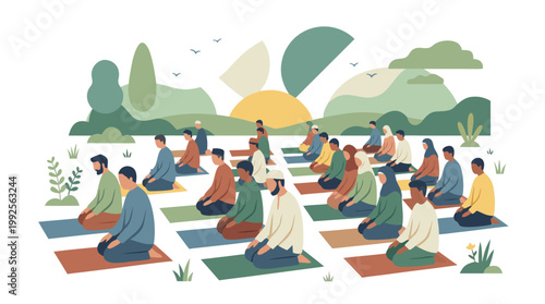 Diverse group of people from various backgrounds gathering outdoors on prayer mats for a peaceful and unified spiritual practice, Eid Al-Adha