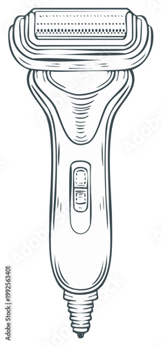 Electric shaver or trimmer sketch with handle and head for body grooming or shaving, vector illustration