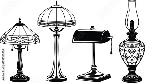 Black desk lamp illustration set, four adjustable lamps in different positions isolated on white background for modern lighting design.