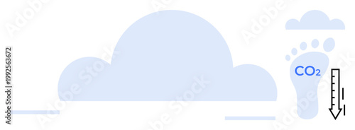 Environmental awareness, carbon emission reduction, sustainability, global warming effects, eco-friendly actions, climate change solutions. Cloud image with CO2 footprint and an arrow pointing down
