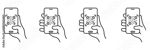 Mobile payment icon set, containing access control, digital transaction, QR code scanning, thin line and flat icon collection, modern vector illustration