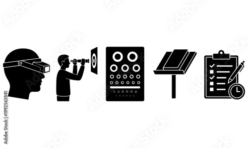 black and white icons of virtual reality technology and business workflow  various office and tech symbols