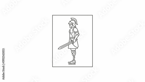 Ancient Warrior with Sword and Prosthetic Leg, Line Art