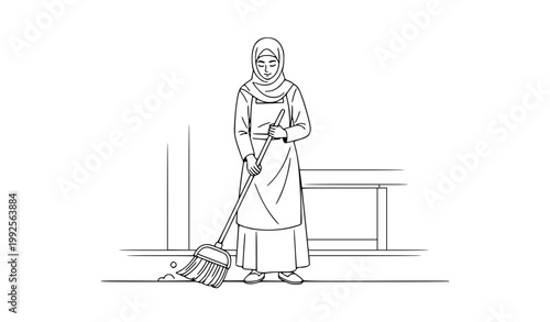 SEO Title:
Hijab Woman Cleaning Floor with Broom Minimal Line Drawing Household Activity Vector