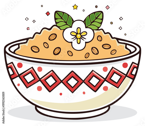 Festive traditional sweet porridge in an ornate bowl with almonds and a flower garnish