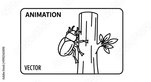 Animated Rhinoceros Beetle Climbing Tree Trunk - Vector Illustration