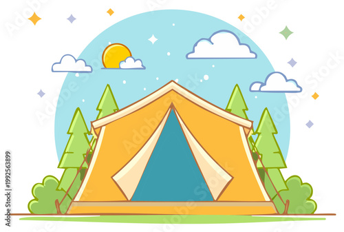Cartoon yellow tent pitched in a forest clearing under a sunny sky with clouds and stars