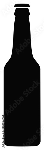 Isolated Black Silhouette of a Glass Beer Bottle with a Cap on Top, Beverage Container
