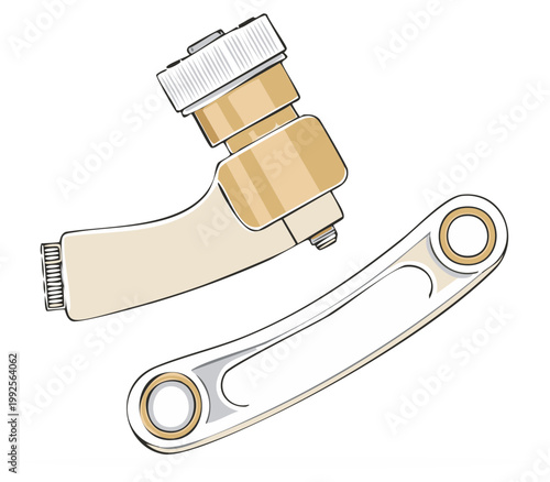 Technical drawing illustration of a bicycle crank arm and clipless pedal spare parts