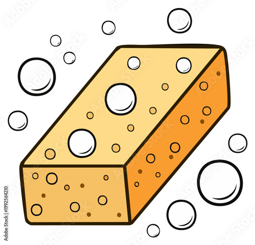 Orange sponge with air bubbles for cleaning and washing dishes