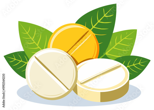 Illustrative Pills with Green Leaves Vector, Medicine, Treatment, Healthcare