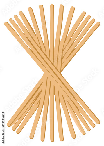 Many light brown wooden craft sticks organized in an abstract crossing x shape simple vector graphic design