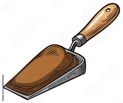 Handheld trowel tool with wooden handle filled with brown soil