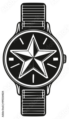 Black and white illustration of a wristwatch with a prominent star graphic on the dial and a textured band.