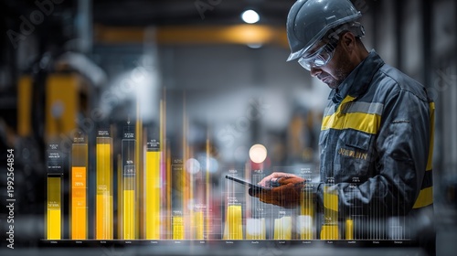 Industrial Productivity Monitor: A focused worker in a hard hat and safety glasses reviews data on a tablet, surrounded by the hum of machinery and overlaid with glowing digital progress charts.