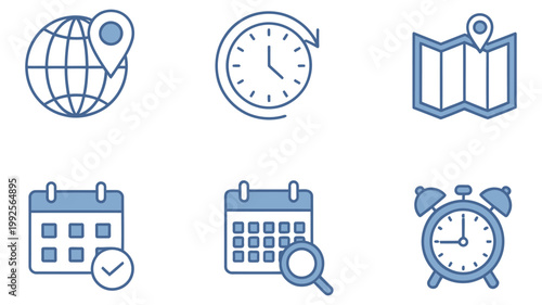 Navigation and scheduling icons with maps, clocks, and calendar tools, modern flat vector icon set, location pin, route navigation, time clock, and calendar scheduling symbols