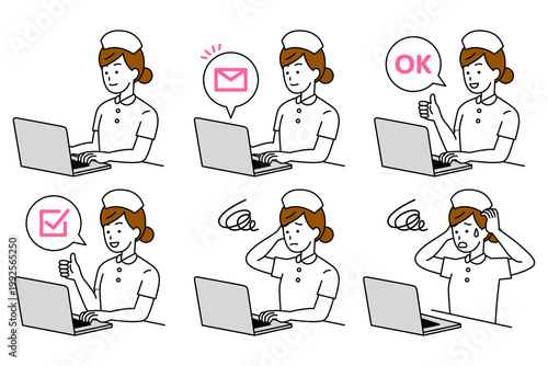 ノートパソコンで仕事をする女性看護師　セット