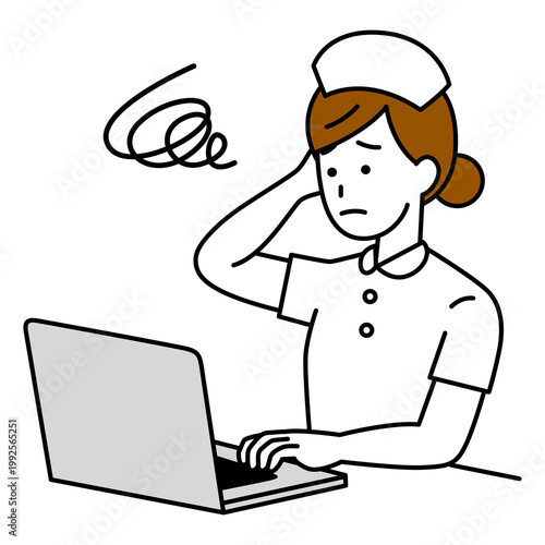 ノートパソコンでの仕事で困っている女性看護師