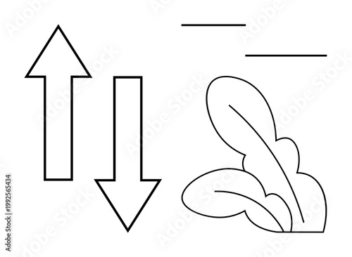 Directional signs, growth concepts, eco-friendly design, decision-making, navigation, sustainability. Black arrows and abstract leaves with simple lines. Growth concepts and eco-friendly design theme