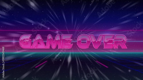Motion streaks starting neon GAME OVER forming center, teal line pulsing, creating retro endcard