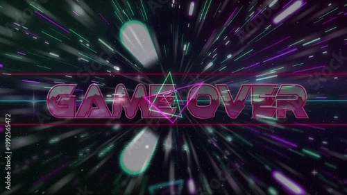 GAME OVER text appearing as play glyph flashing neon triangles rotating over text marking game end