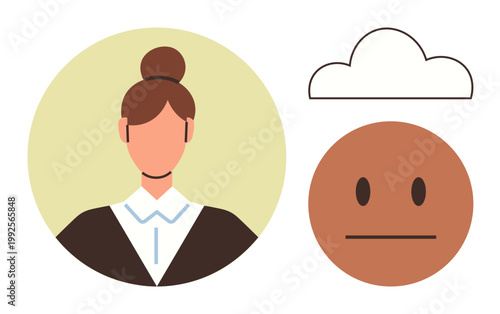Mental health, mood regulation, psychology, digital avatars, emotions tracking, communication. Womans head with neat bun, neutral face and cloud icon. Mental health and emotions tracking concepts