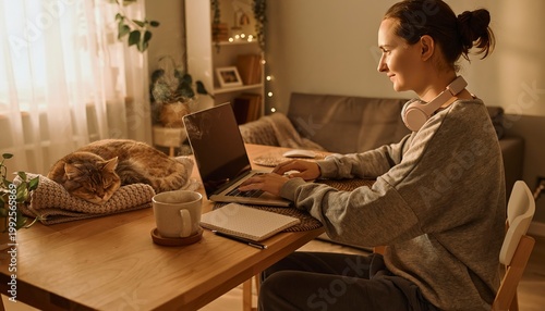 Cozy Workspace Serenity: A person works on a laptop at a warm, inviting wooden desk in a softly lit room, while a ginger cat naps peacefully on a cushion nearby.
