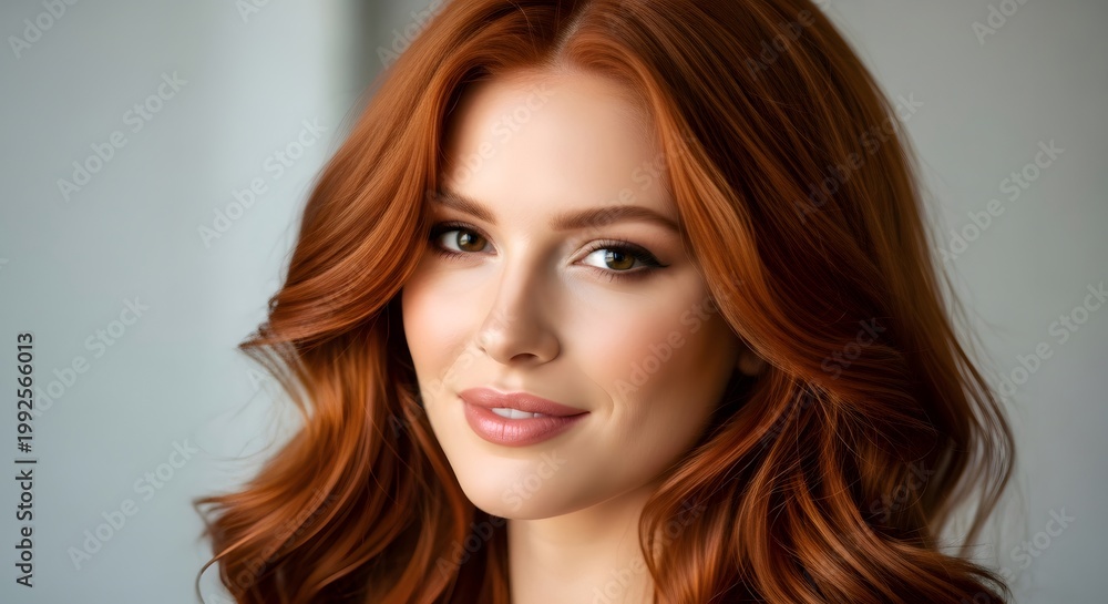 Fototapeta premium Redhead woman smiling, natural beauty and healthy hair