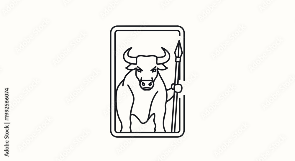 Fototapeta premium Strong Bull Warrior Holding Spear, Powerful Animal Emblem, Bold Line Art