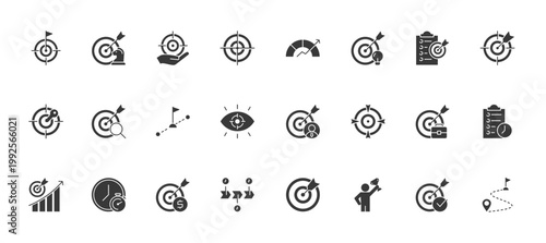 Goal Icon Set containing goal setting, strategy, achievement, target, KPI, smart goal setting, objectives, goal, OKR, analysis, milestone, vision and personal goals vector icons