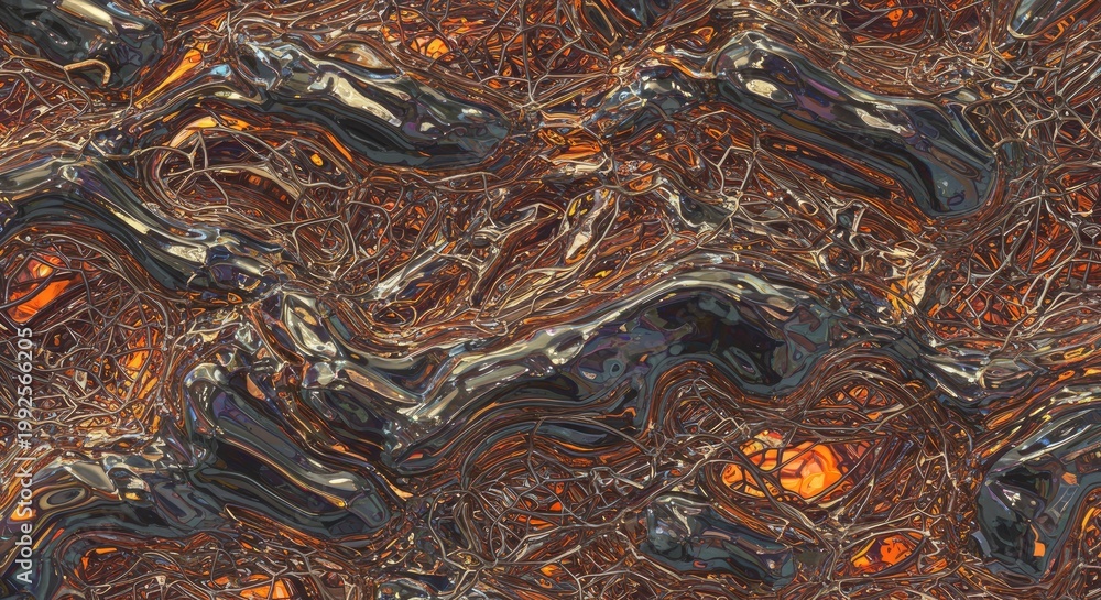 Obraz premium Abstract Metallic Flowing Texture with Orange Glow