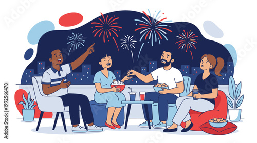 Group Of Friends Celebrating 4th Of July With Fireworks And Snacks On Rooftop Gatherings