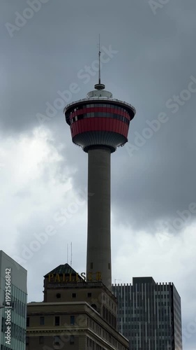 Calgary Tower observation deck landmark against cloudy sky in Alberta, Canada