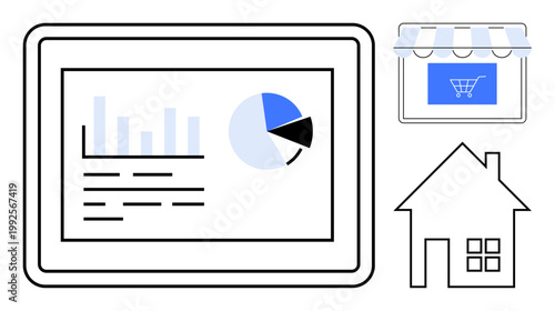 E-commerce, online shopping, remote work, business strategy, home services, data visualization. Tablet with charts, online storefront icon house icon. E-commerce and online shopping concept
