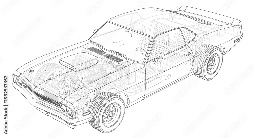 Fototapeta premium A detailed illustration of a vintage muscle car speeding on a road