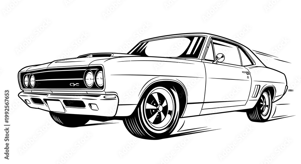 Naklejka premium A vintage muscle car speeds along a straight road in a dynamic motion illustration.