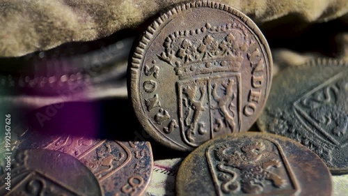 Macro Video of Antique VOC 1 Duit Gelderland Coin Obverse with Crowned Shield