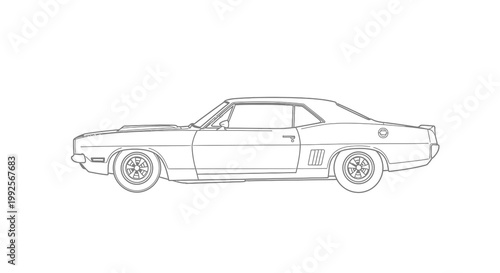 A detailed illustration of a classic muscle car in motion on a road