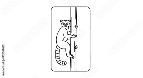 Ring-tailed Lemur Climbing Tree Trunk, Minimalist Line Art Illustration