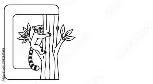 Ring-tailed Lemur Climbing Tree Trunk, Outline Illustration