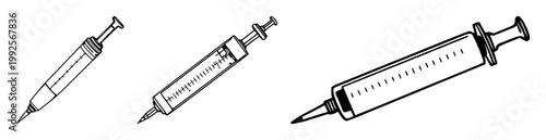 Syringe set with black line art on white background featuring medical, injection, healthcare with illustration and vector