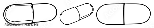 Pill capsule set with black line art on white background featuring medical, pharmaceutical, dosage with illustration and vector