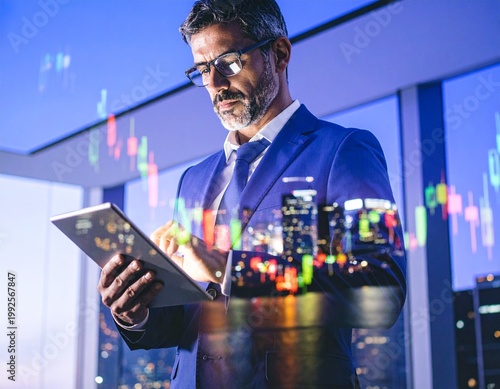 Experienced middle-aged business executive focused on work while standing in a modern office, reviewing financial data on a digital tablet. Well-dressed corporate manager in a suit and glasses engaged