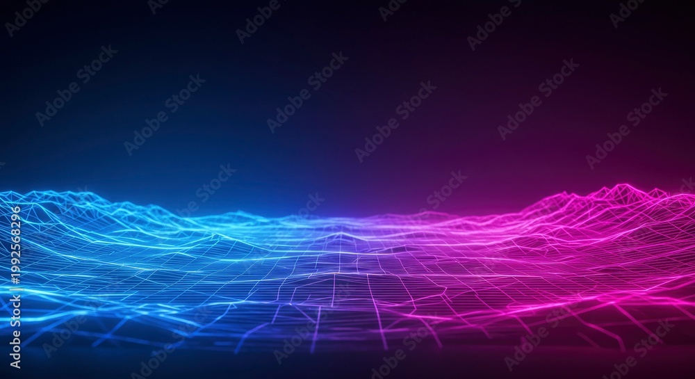 Fototapeta premium Abstract Neon Grid Landscape with Blue and Pink Glow