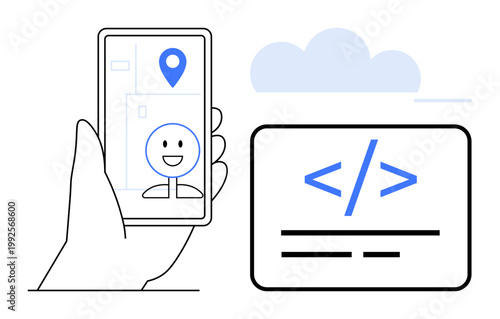 App development, cloud computing, coding, programming, geolocation, user interface design. Smartphone displaying geolocation feature with happy figure and coding symbol on-screen. App development