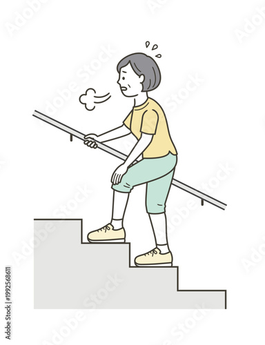 階段を辛そうにため息をつきながら上るミドル世代の女性のイラスト
