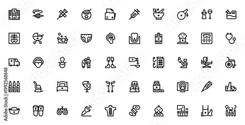 Nursing icon set. Medical and healthcare vector symbols collection. Includes hospital, syringe, stethoscope, wheelchair, bandage, dentist and more. Editable stroke.